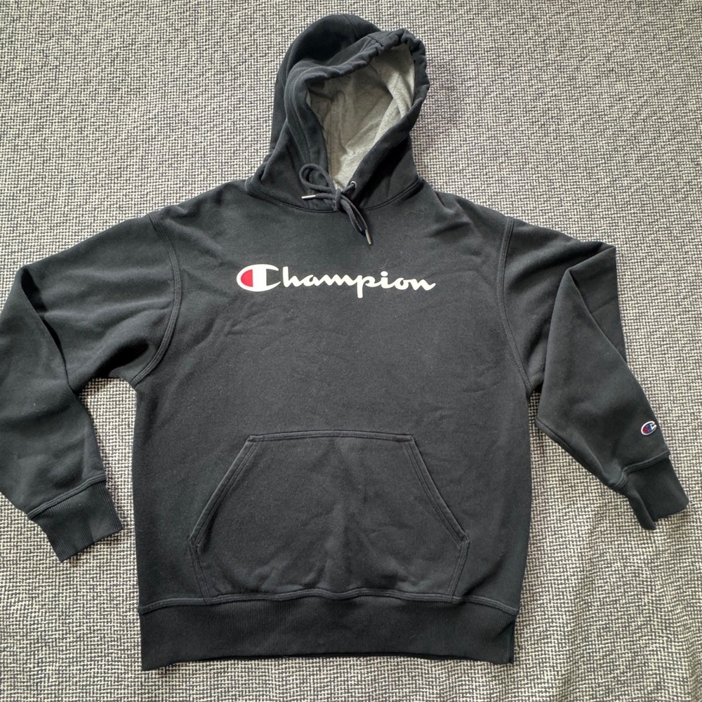 Champion Mens Black Script Logo Pullover Hoodie Sweatshirt Size Medium M